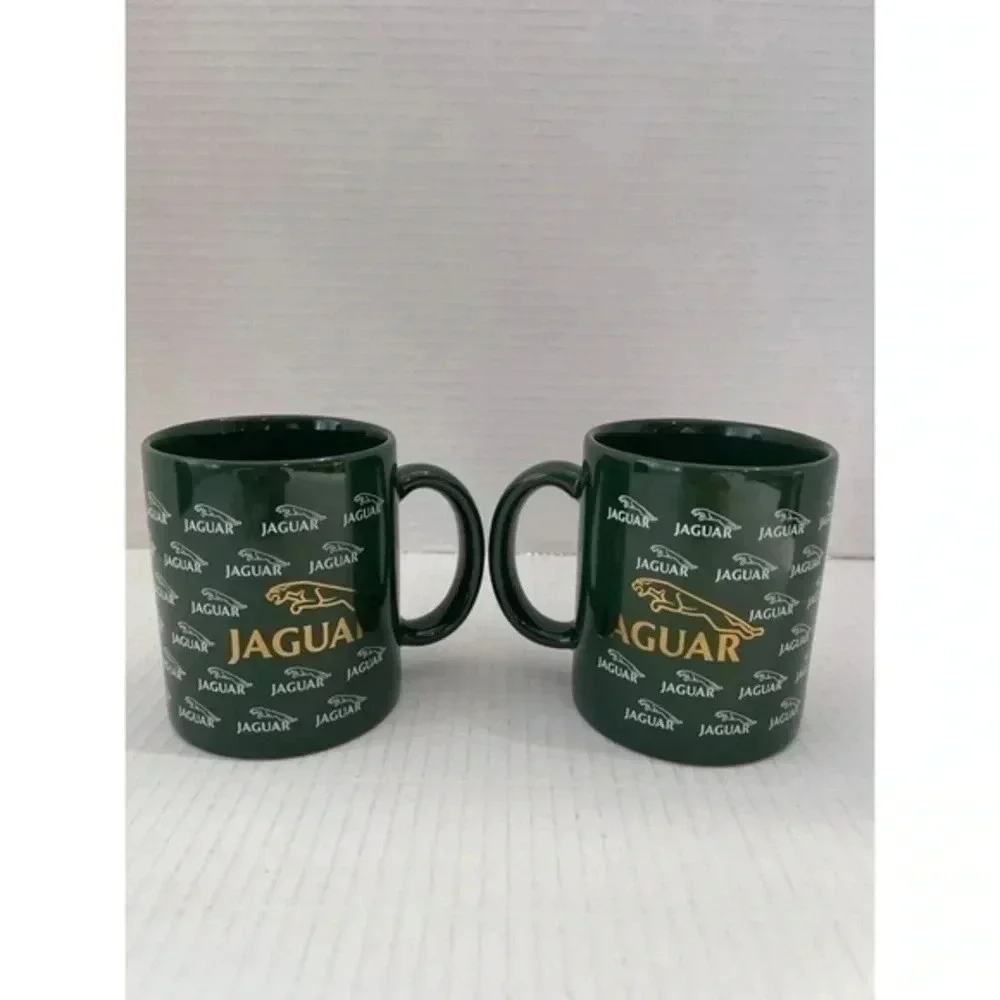 Set of 2 Jaguar Automotive Logo Coffee‎ Mugs Green/Gold Made in the USA